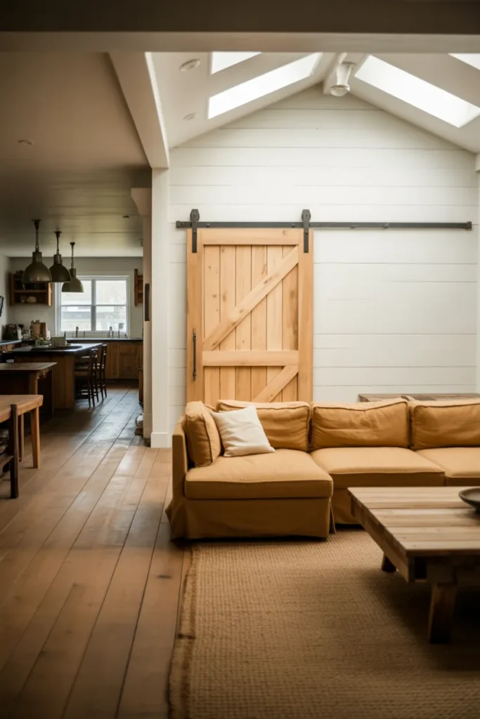 Open-Plan Farmhouse Living Room With Sliding Barn Door and Defined Seating Zone