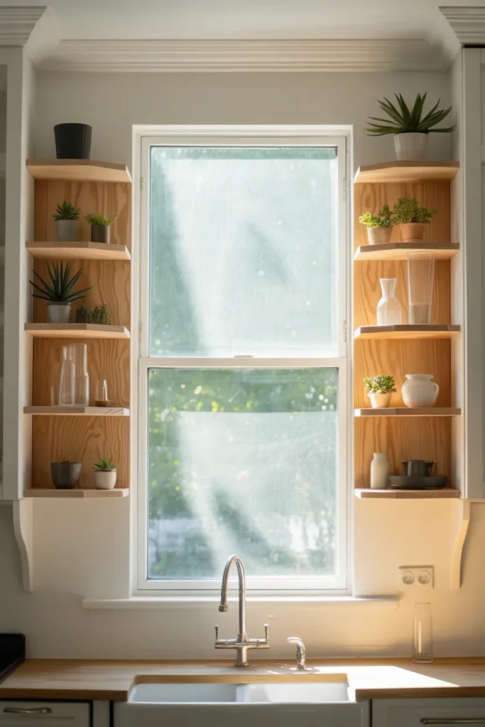 Open Shelves Around a Kitchen Window to Frame the View