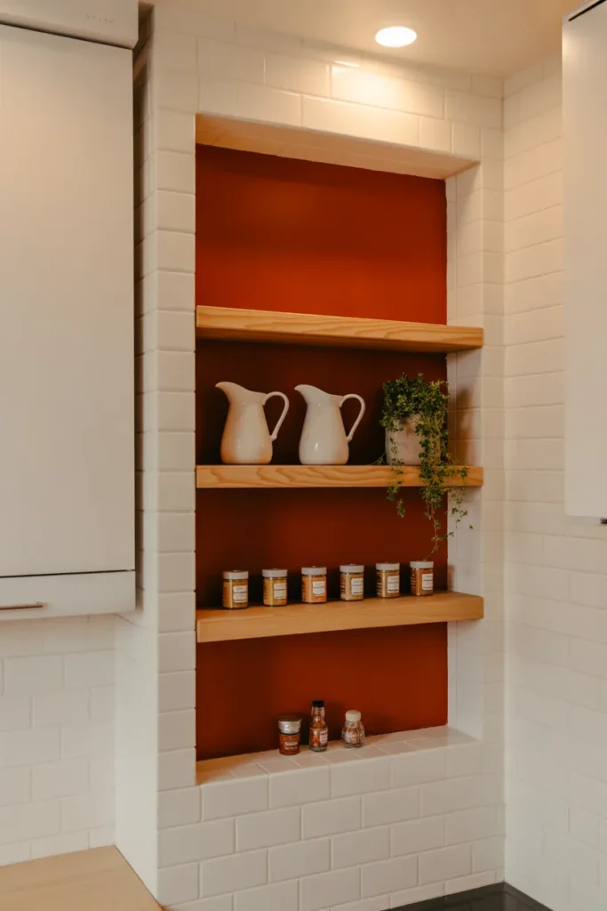 Open Shelves Inside a Kitchen Niche or Alcove