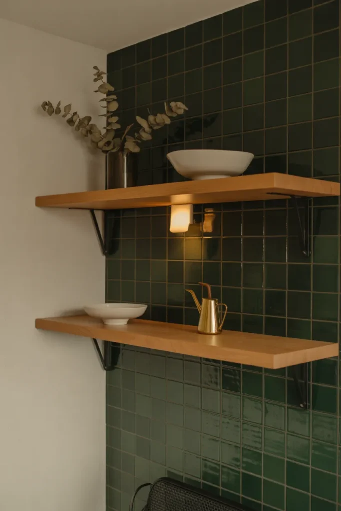 Open Shelves with a Contrasting Backsplash to Add Depth