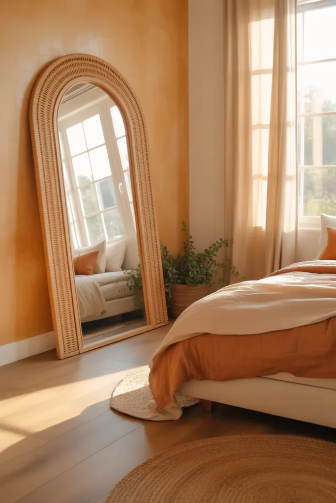 Oversized Arched Rattan Mirror Leaning Against the Wall for Effortless Boho Height