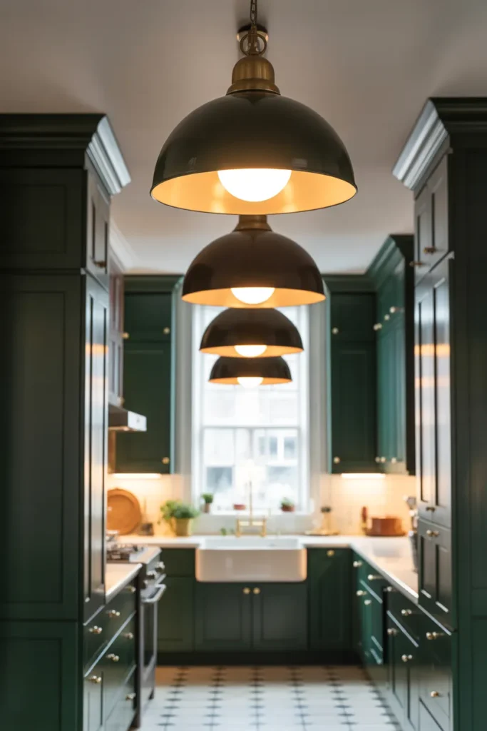 Oversized Industrial Pendants in a Galley Kitchen