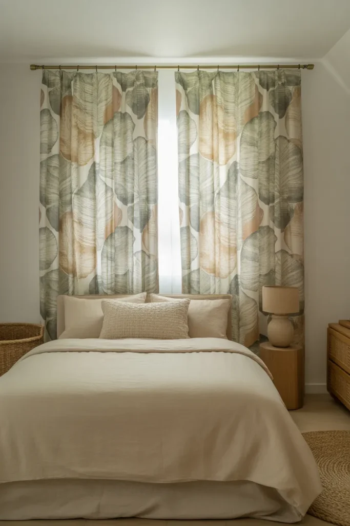Patterned Curtains as the Only Print in a Neutral Bedroom for Controlled Visual Interest