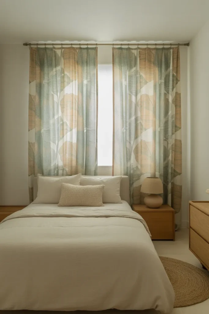 Patterned Curtains as the Only Print in a Neutral Bedroom for Controlled Visual Interest