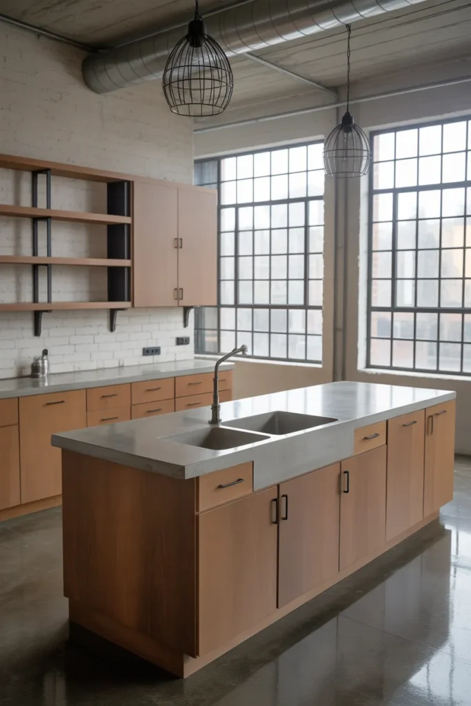 Pecan Brown Cabinets With Concrete Countertops in an Industrial Modern Kitchen