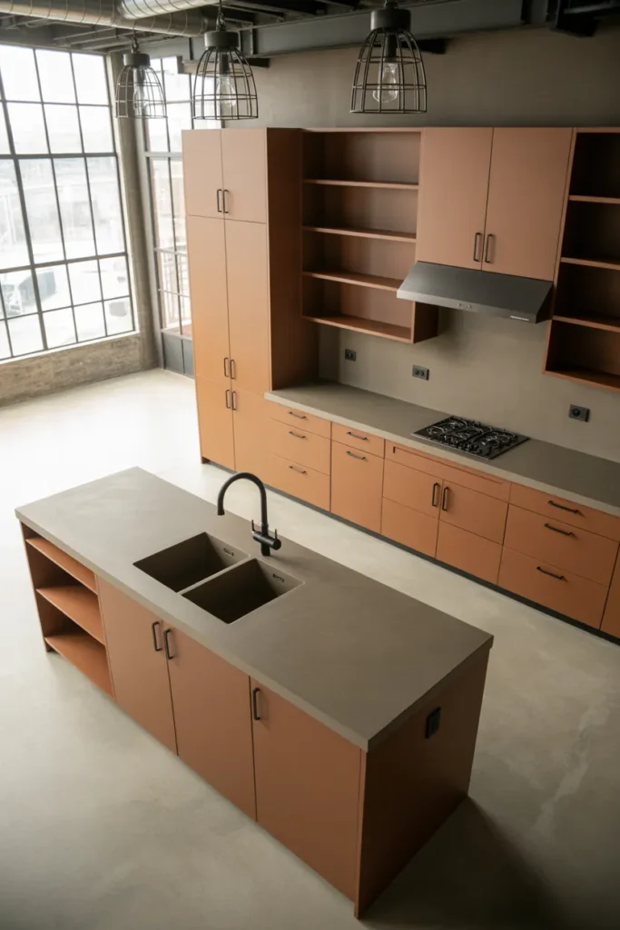 Pecan Brown Cabinets With Concrete Countertops in an Industrial Modern Kitchen