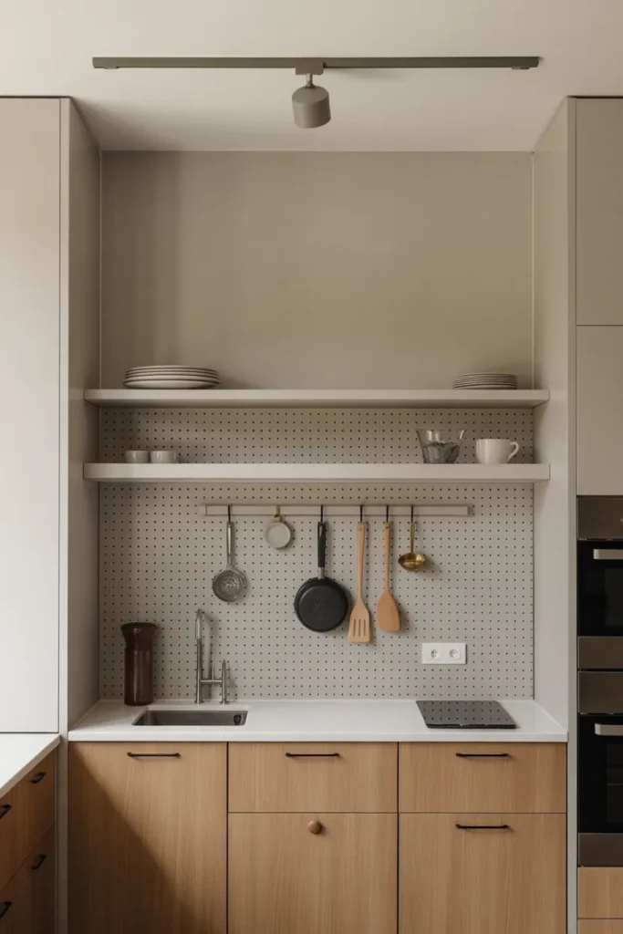 Pegboard Panel Between Open Shelves for Flexible Tool