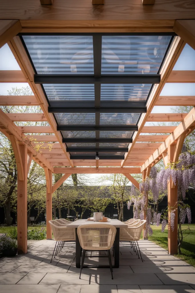 Pergola-Gazebo Hybrid With a Partial Solid Roof and Open Lattice Sides