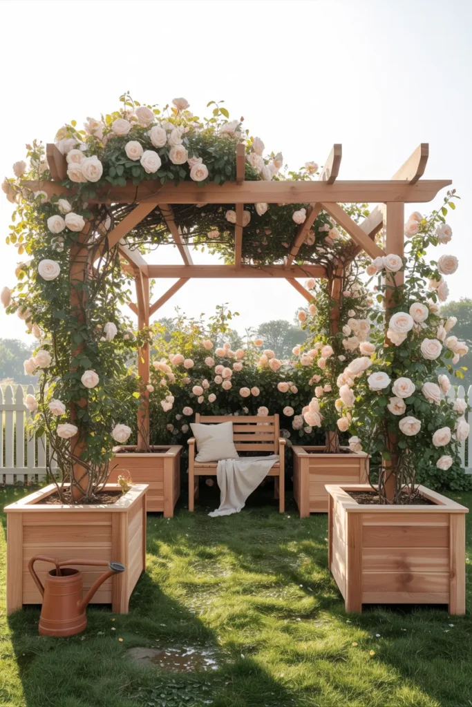 Pergola With Built-In Planter Boxes That Grow Into a Living Canopy Over Time