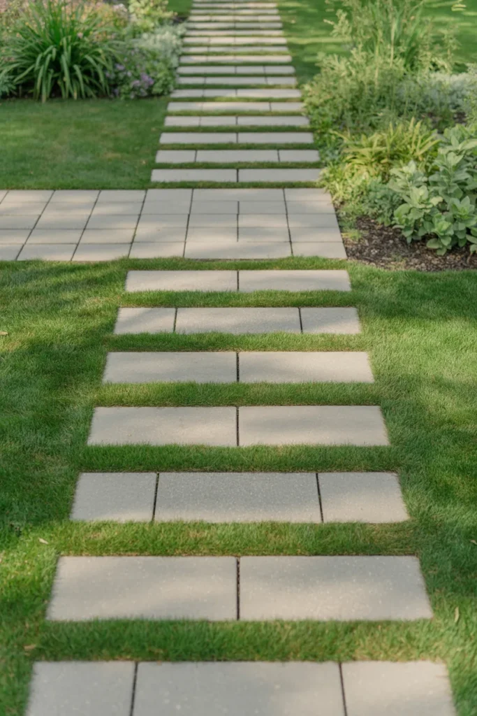 Permeable Paver Path With Grass Joints for an Eco-Conscious Garden