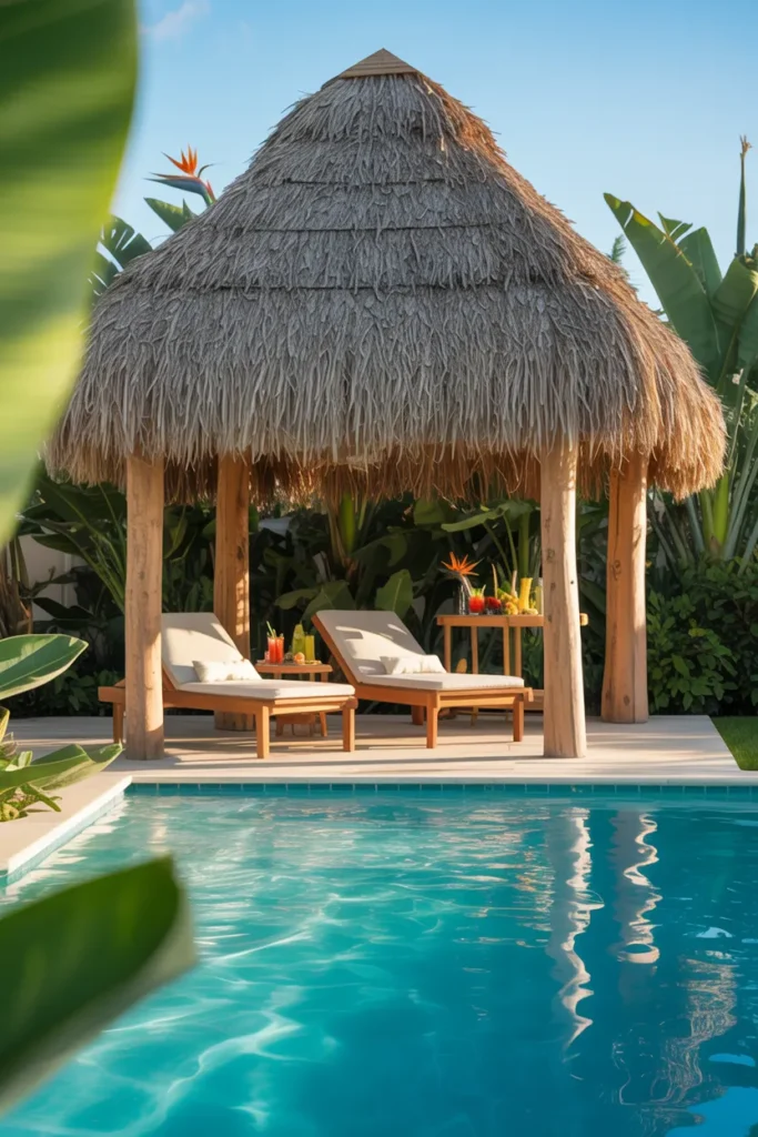 Poolside Gazebo With a Thatched Palapa Roof for a Tropical Backyard