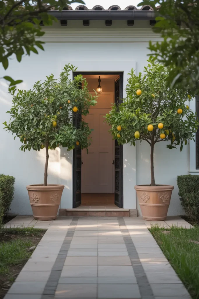 Potted Citrus Trees as Symmetrical Anchors