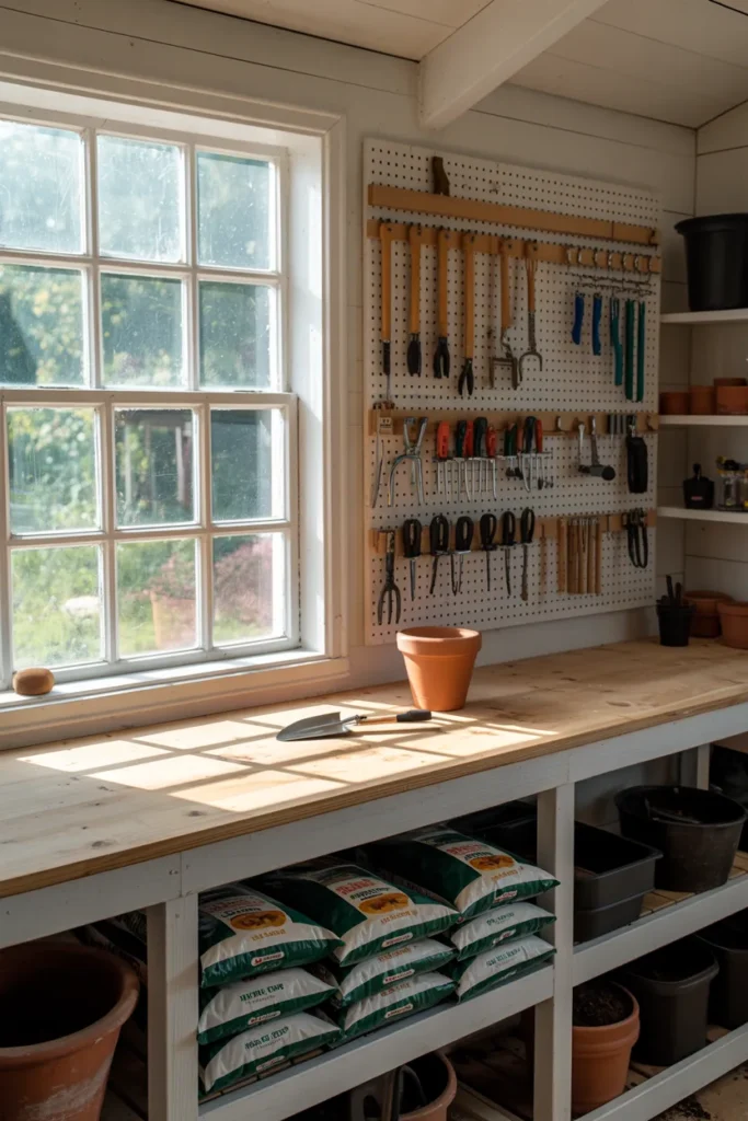 Potting Shed With Full-Width Workbench and Pegboard Tool Wall