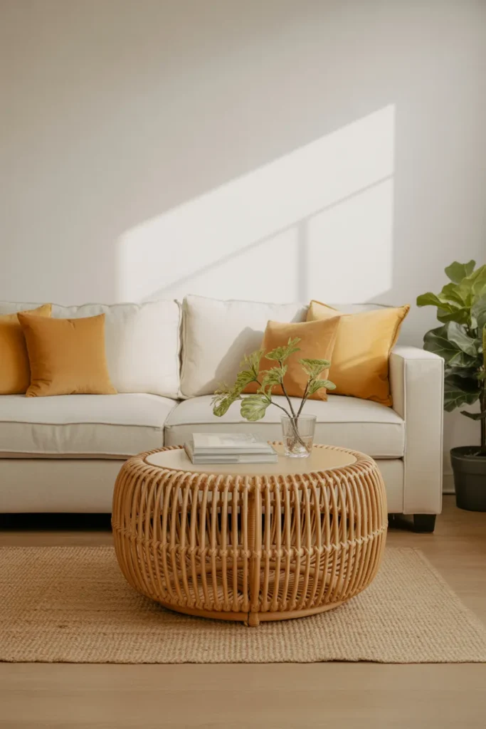 Rattan Round Coffee Table to Add Warmth to a Neutral Living Room
