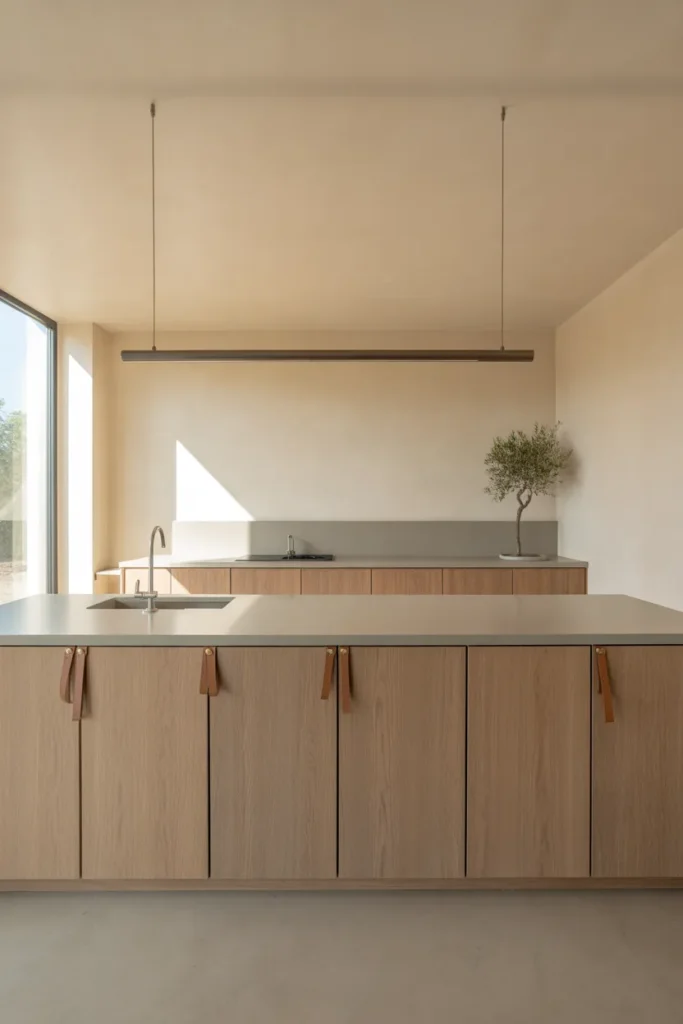 Raw Oak and Brown Leather Pull Kitchen in a Minimal Scandinavian-Inspired Layout