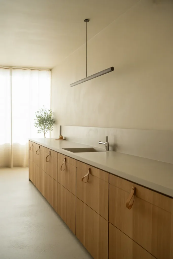Raw Oak and Brown Leather Pull Kitchen in a Minimal Scandinavian-Inspired Layout