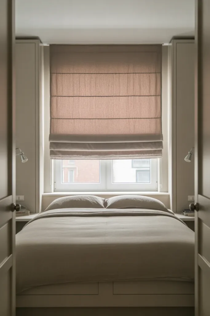 Roman Shades in a Soft Gray Linen for a Small Bedroom Window That Needs Clean Lines