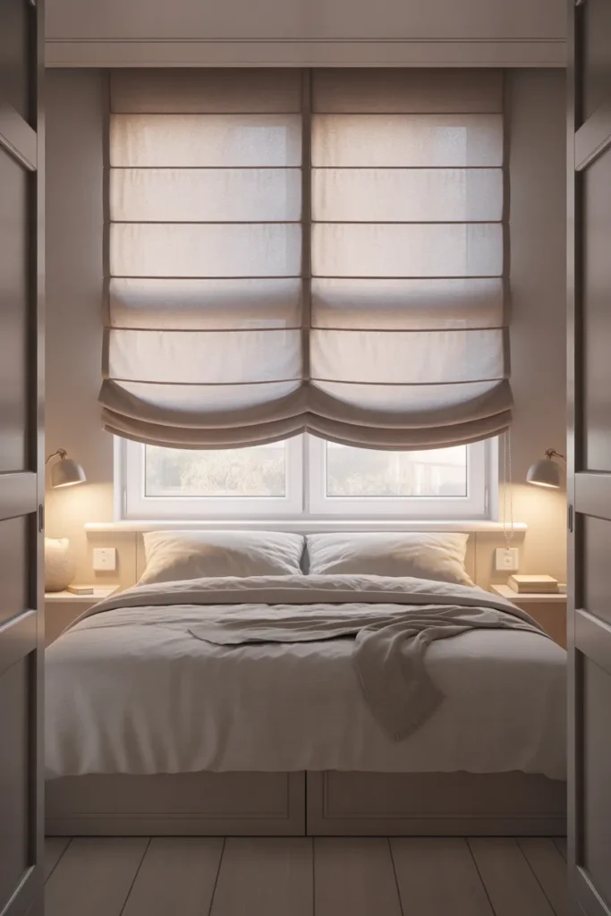 Roman Shades in a Soft Gray Linen for a Small Bedroom Window That Needs Clean Lines
