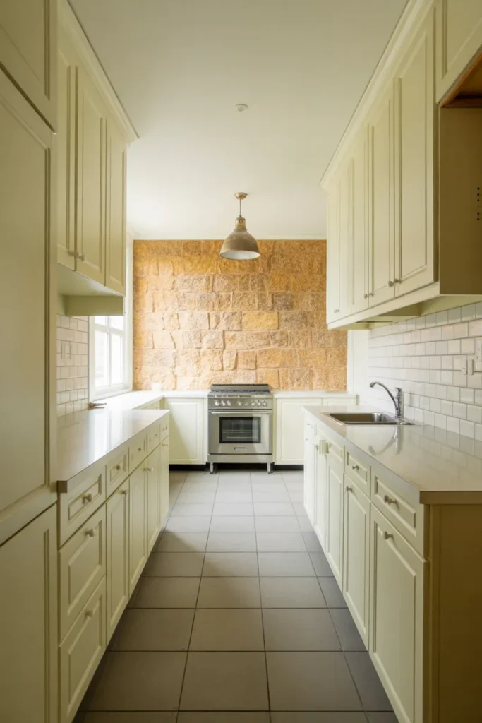 Rough-Cut Limestone Feature Wall in a White Galley Kitchen for Maximum Contrast