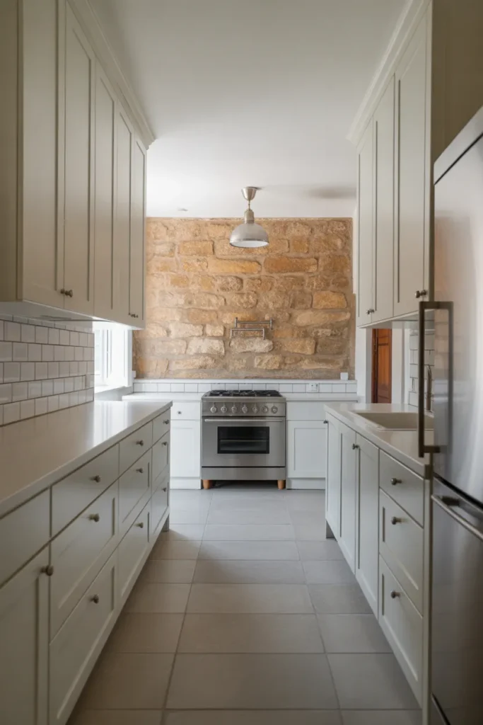 Rough-Cut Limestone Feature Wall in a White Galley Kitchen for Maximum Contrast