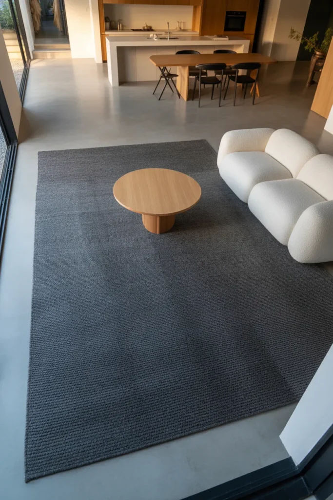 Round Coffee Table on a Large Area Rug to Define Zones in an Open Floor Plan