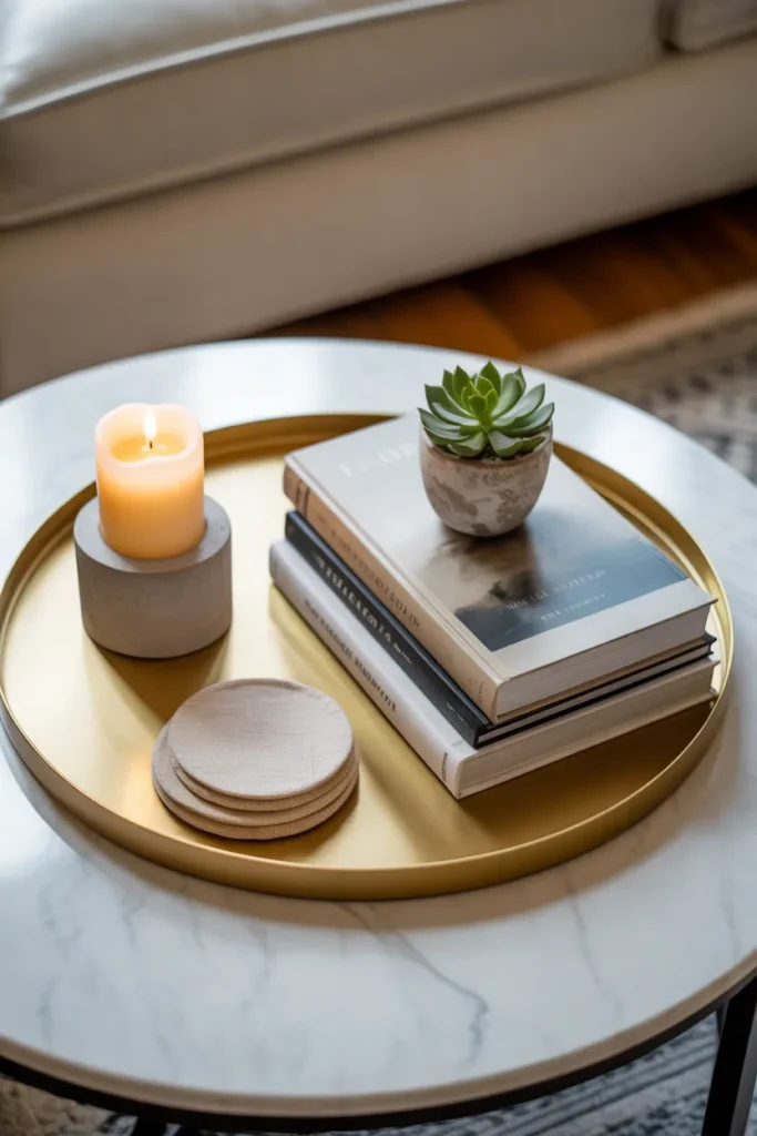 Round Coffee Table with a Tray to Create Organized, Pinterest-Worthy Tablescaping