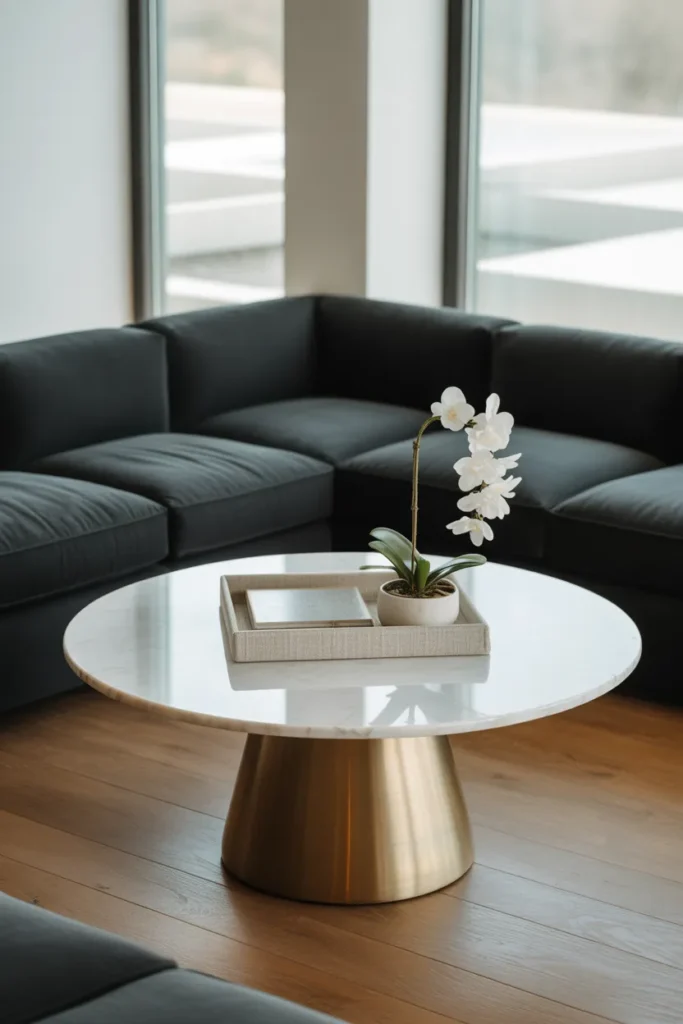 Round Marble Coffee Table with a Low-Profile Sectional for Instant Balance