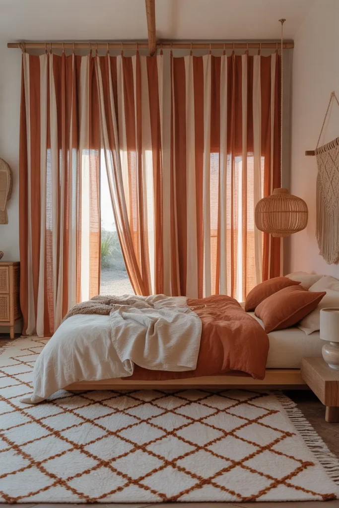 Rust and Warm White Striped Curtains in a Boho Bedroom for Casual Layered Style