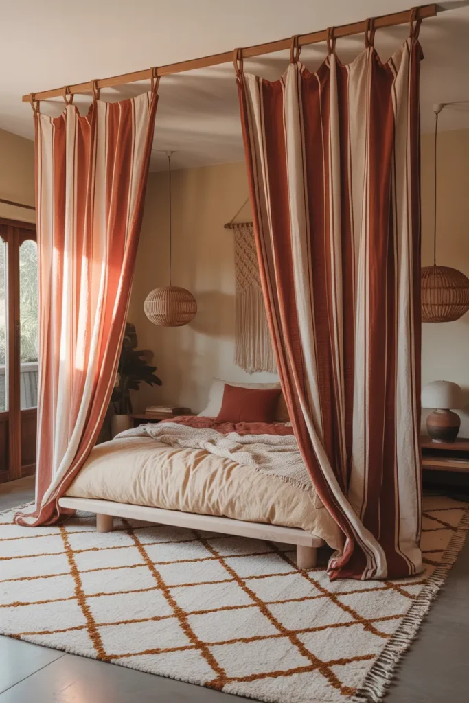 Rust and Warm White Striped Curtains in a Boho Bedroom for Casual Layered Style