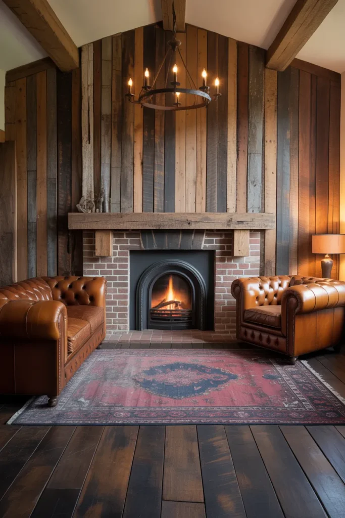 Rustic Farmhouse Living Room With Reclaimed Wood Focal Wall and Leather Seating