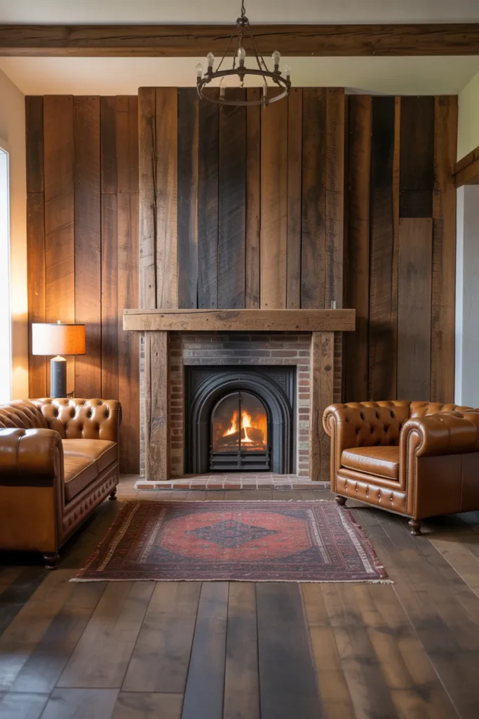 Rustic Farmhouse Living Room With Reclaimed Wood Focal Wall and Leather Seating