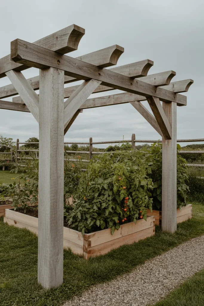 Rustic Heavy-Timber Pergola With Rough-Cut Lumber From a Local Sawmill