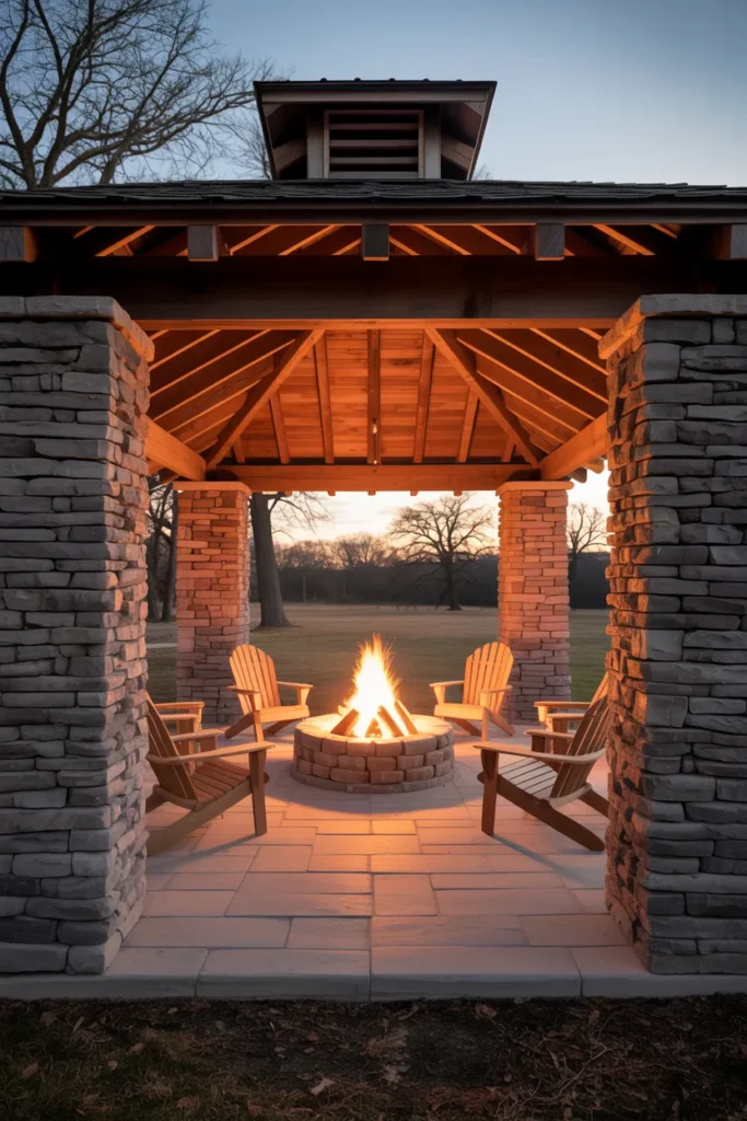 Rustic Wood Gazebo With Stone Pillars and a Firepit at the Center