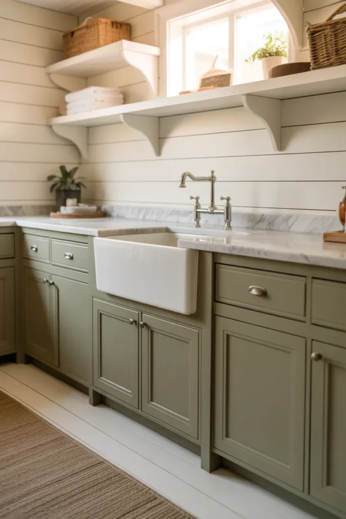 Sage Green Laundry Room With Shiplap Walls and a Farmhouse Utility Sink for an Organic Modern Look