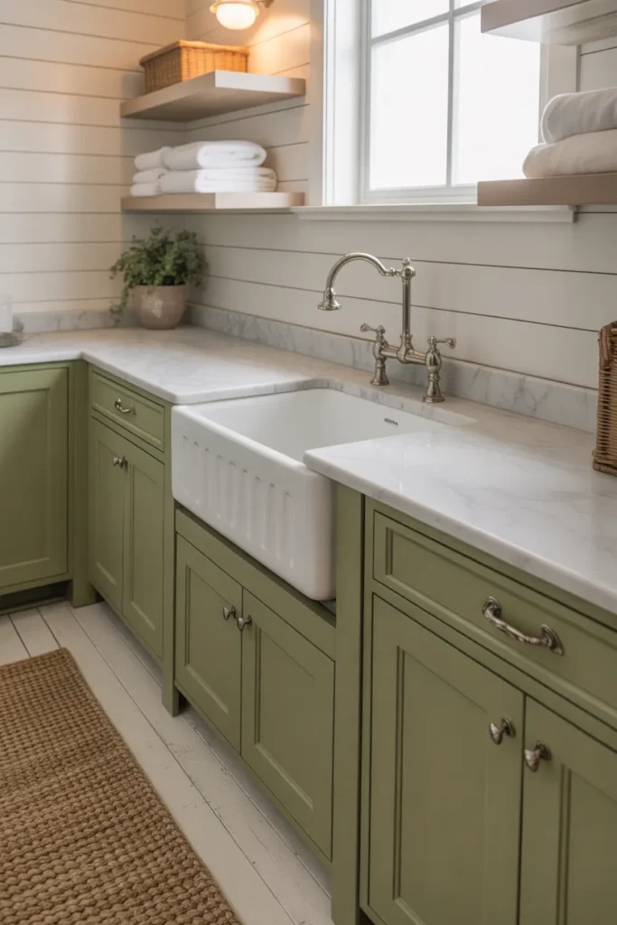 Sage Green Laundry Room With Shiplap Walls and a Farmhouse Utility Sink for an Organic Modern Look