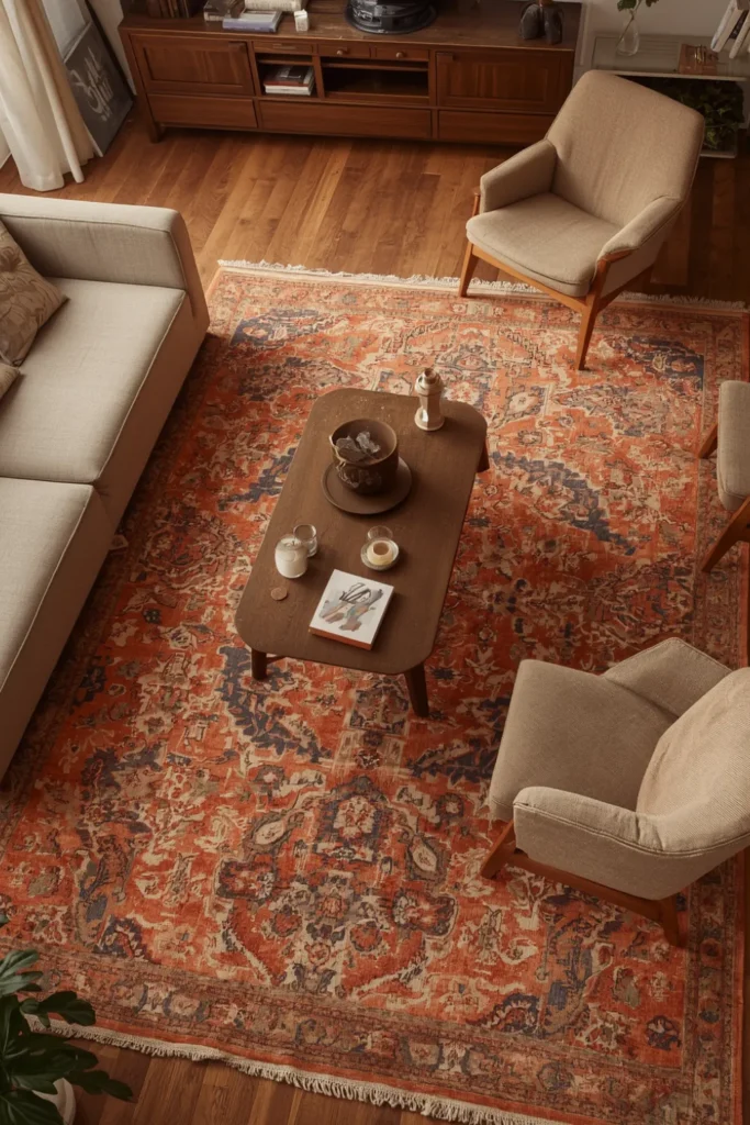 Secondhand Rugs That Define Spaces and Cover Damaged Rental Flooring