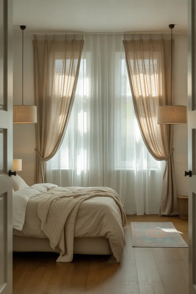 Sheer White Curtains Layered With Linen Blackout Panels for Light Control Without Sacrifice