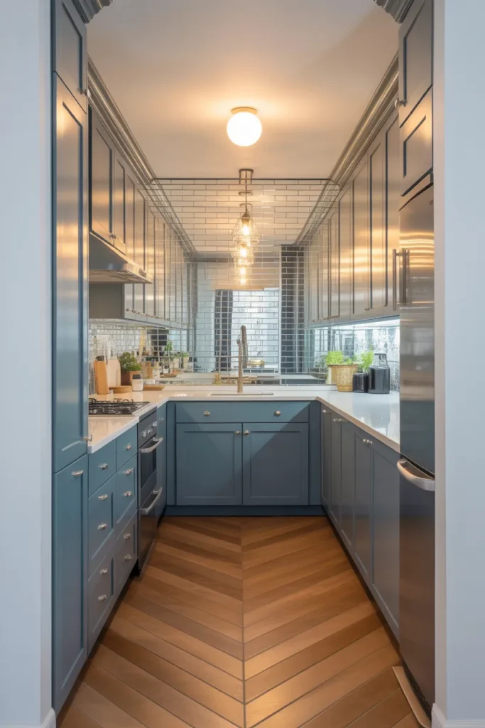 Slate Blue-Gray Cabinets in a Small Galley Kitchen With Mirrored Backsplash