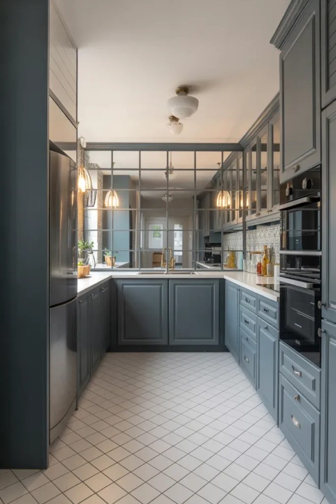 Slate Blue-Gray Cabinets in a Small Galley Kitchen With Mirrored Backsplash