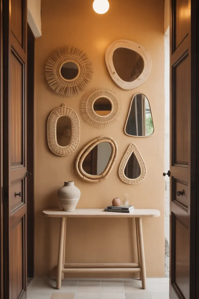 Small Boho Mirror Cluster in the Entryway Using Mixed Frames and Organic Shapes