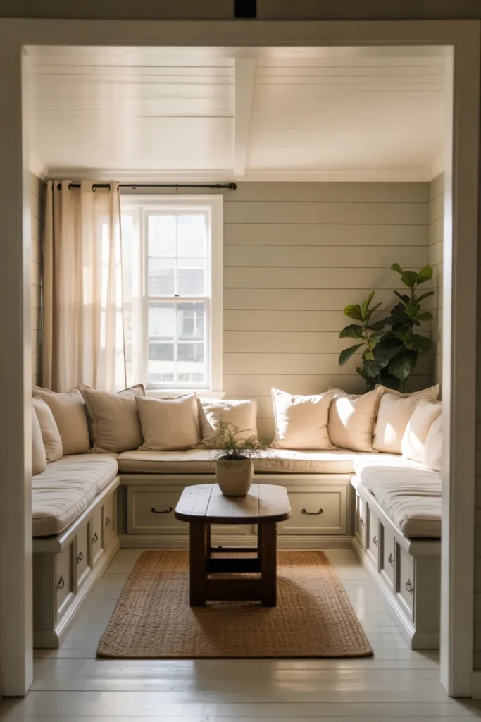 Small Farmhouse Living Room With Built-In Bench Seating and Smart Storage