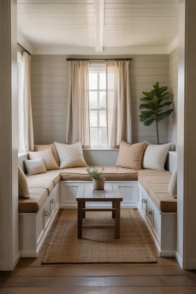Small Farmhouse Living Room With Built-In Bench Seating and Smart Storage