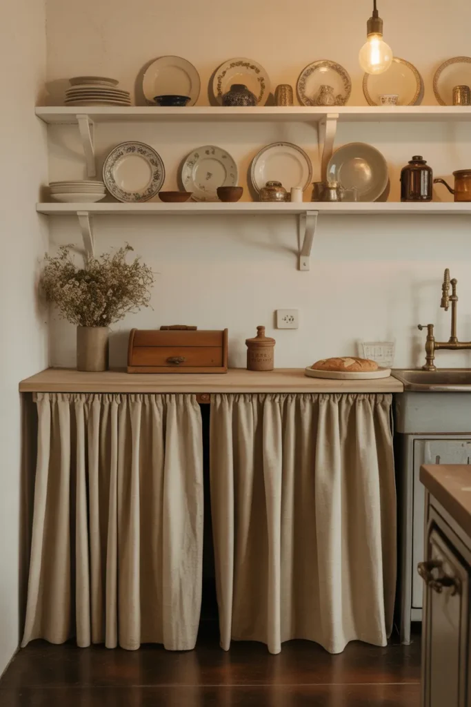 Solid Cabinet Run with Open Shelving and a Curtain