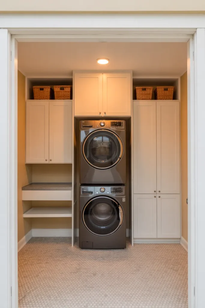 Stacked Washer and Dryer Alcove With Floor-to-Ceiling Storage on Both Sides for Small Laundry Rooms