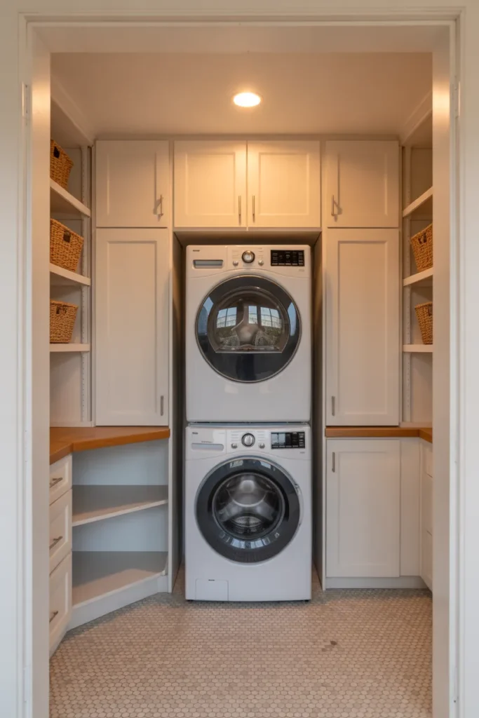 Stacked Washer and Dryer Alcove With Floor-to-Ceiling Storage on Both Sides for Small Laundry Rooms