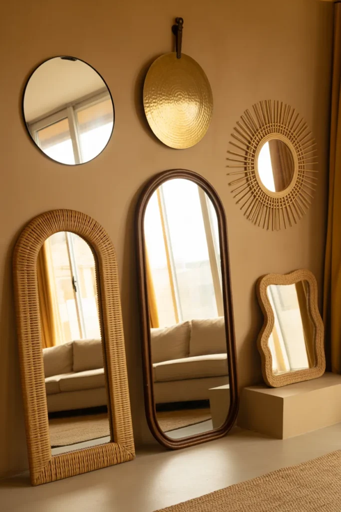 Stacked and Overlapping Mirrors at Different Heights for a Floor-to-Ceiling Boho Installation