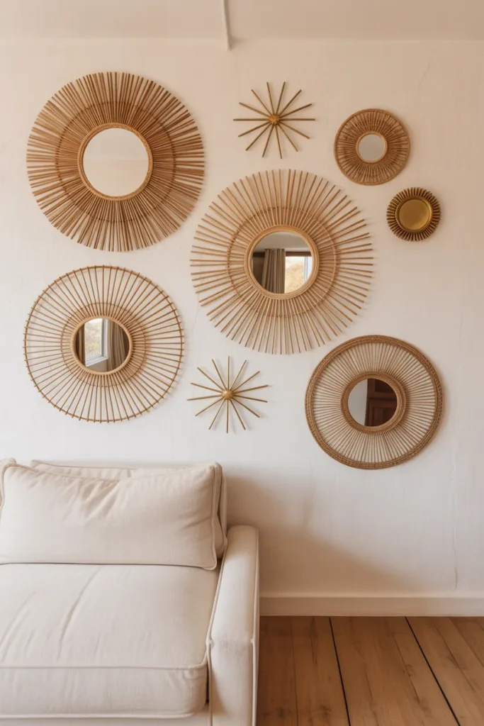 Sunburst Mirror Cluster on a Gallery Wall That Replaces Standard Art Framing