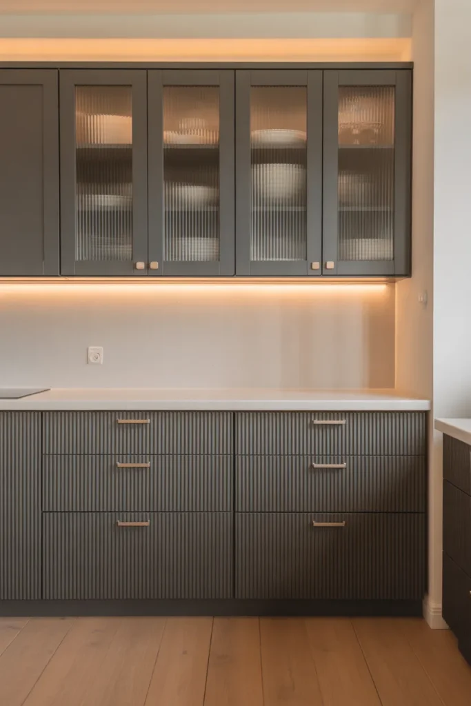 Textured Dark Gray Cabinets With Fluted Glass Inserts in a Transitional Layout