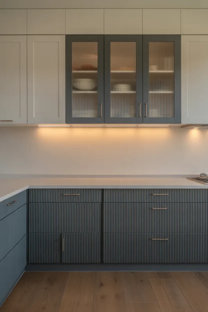 Textured Dark Gray Cabinets With Fluted Glass Inserts in a Transitional Layout