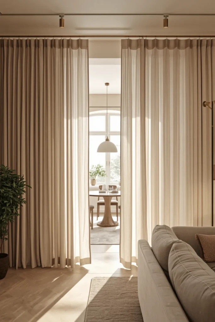 The Curtain Room Divider That Gives Open Plans a Soft and Adjustable Boundary